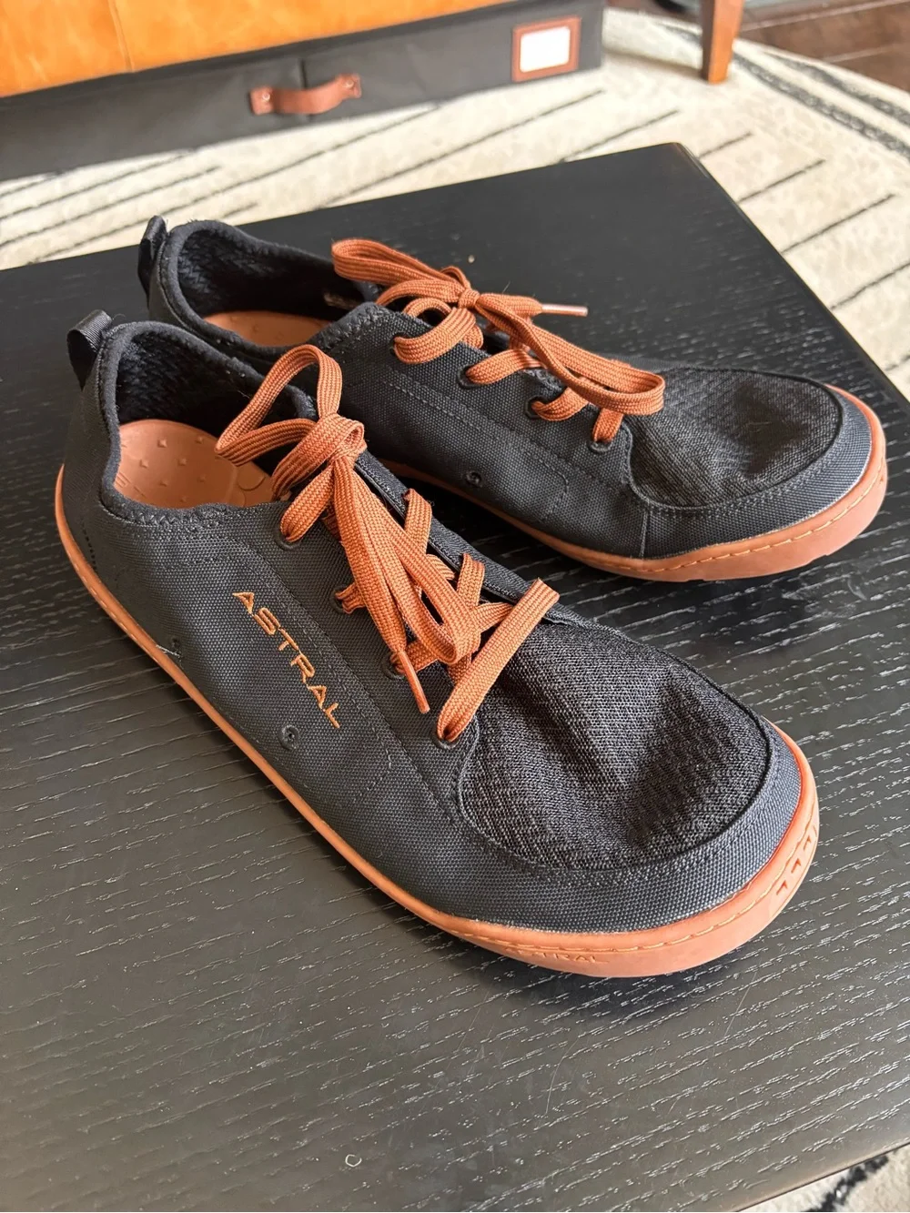 Astral Loyak’s.  Men's Black and cognac minimalist water shoes